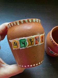 2 Decorative Clay Cups with Prayer Flags
