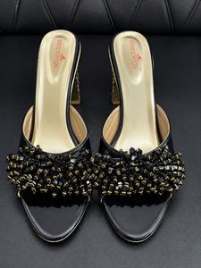 Elegant Black Beaded Heeled Sandals