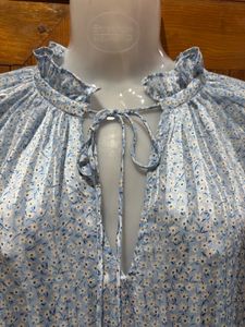 Blue Floral Print Tie Neck Top