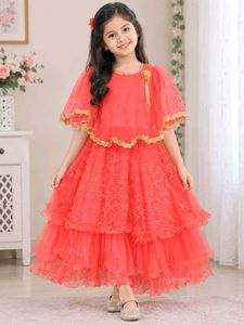 Kids Beautiful Coral Net Gown with Gold Trim