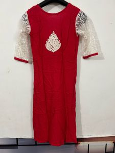 Red Kurta with White Embellishments