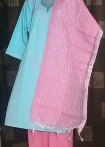 BrandNewKhadiCotton SkyBlueKurtiSetWithPinkColorP