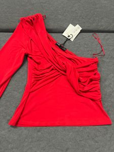 Red One-Shoulder Ruched Top