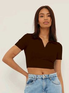 Brown Ribbed Cropped Polo Top