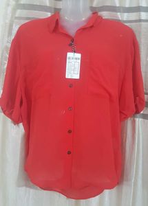 Red Sheer Button-Down Top