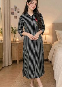 Chic Striped Button-Up Dress with Floral Accent