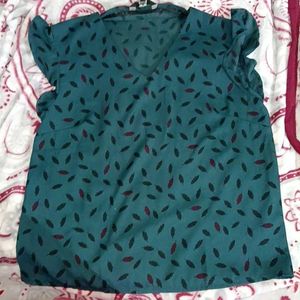 Teal Leaf Print Flutter Sleeve Top