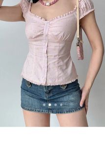 Cute Pink Striped Floral Button-Up Top