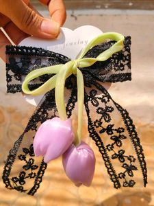 Chic Black Lace Bow with Tulip Charms