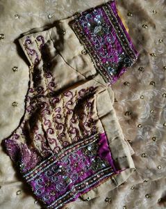 Embellished Beige Saree with Purple Border