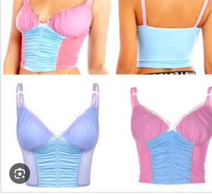 Cute Blue Lace Trim Cami mesh top👍
