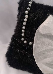 Handmade Black Furry Handbag with White Bow | Cute