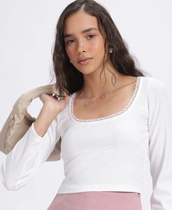 Chic White Lace Trim Long Sleeve Top