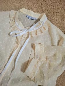 Cream Polka Dot Blouse with Ribbon Tie