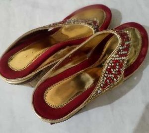 Embellished Red &amp; Gold Flat Sandals
