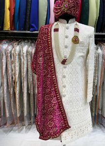 Elegant White Sherwani with Maroon Dupatta