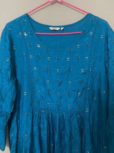 High slit Teal Kurta with Silver Embellishments