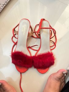 Red Lace-Up Heels with Fur Accent