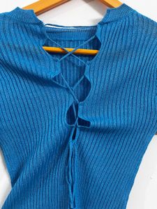 mango Blue Ribbed Long Sleeve Top
