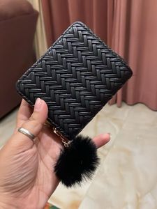 Chic Black Woven Wallet with Pom-Pom Charm