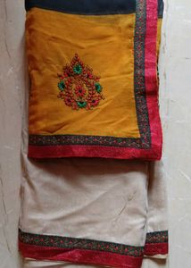 Elegant Yellow & Beige Embroidered Saree