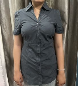 Women's Grey Button-Up Short Sleeve Shirt