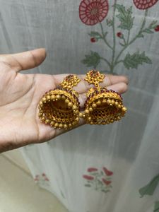 Golden antique heavy jhumka - rosegold plus gold f