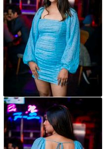 Aqua Blue Ruched Mini Dress with Statement Sleeves