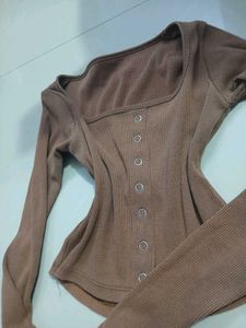 Brown Ribbed Square Neck Button-Up Top
