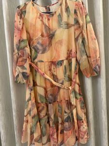 AND Peach Printed Knee Length Women Loose Fit
