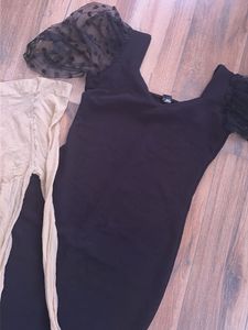 Chic Black Puff Sleeve Dress with Stockings