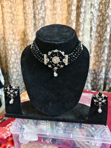 Trendy Black Crystal Beaded Choker Necklace Set