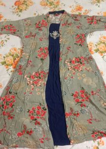Navy Blue Kurta Set with Floral Shrug