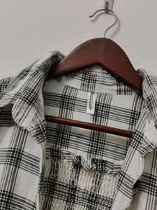 Plaid Button-Up Shirt with Smocked Bodice