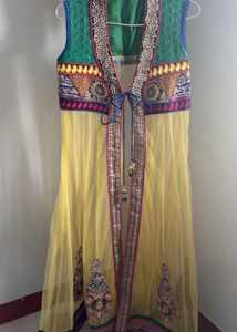 Embroidered Yellow Net Jacket Style Kurta
