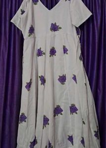 White Kurta with Purple Rose Print