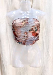 I. Sheer Ruched Tube Top with Cherub Print