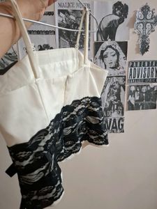 Coquette Cream Corset Top with Black Lace Trim🖤