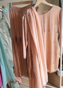 peach cotton long tunic set with dupatta nd pant