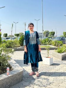 Teal Velvet Embroidered Kurta Set