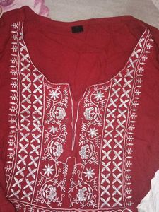 Red Embroidered Kurta with White Pants