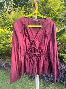 Maroon Tie-Front Peplum Top