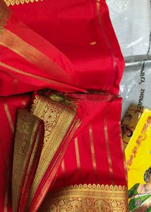 Vibrant Red Saree with Gold Stripes