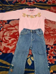 Girls Clothing Set – Pink Full Sleeve Top + Jeans
