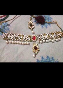 Elegant Pearl &amp; Red Stone Jewellery Set