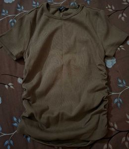 Brown Ribbed Ruched Top