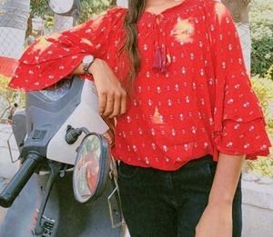 Red Floral Print Bell Sleeve Top