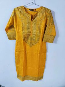 Vishudh brand Yellow Kurti with Gold Print