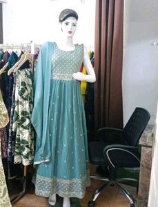 Beautiful Teal Embroidered Gown with Dupatta