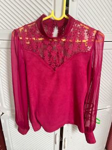 Elegant embroidered Pink Lace Neck Top